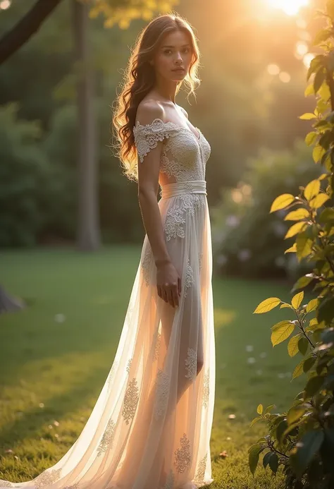  woman in a dress posing in a garden, intricate white dress, light dress, dressed in white intricate lace, summer morning light, shot from the side, morning light, see through dress, translucent dress, opened dress, afternoon sunlight, summer morning, gorg...