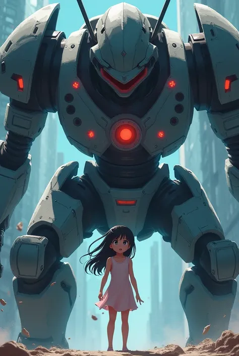 Draw an anime drawing of a young girl looking at the robot that is trying to harm her