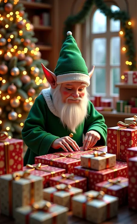 Hyper realistic photographic image, professional magazine photo, very detailed, warm atmosphere, Santas helper elf preparing gifts boxes in Santas house. Christmas tree and many shelves with gifts to be shipped.