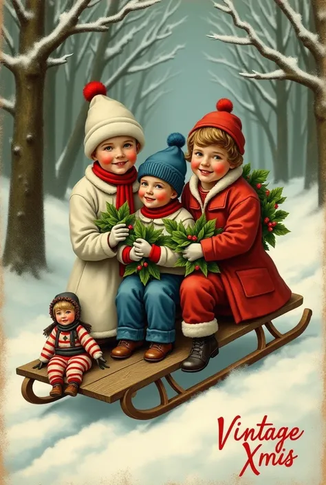 The image is a vintage Christmas postcard with three ren on a snowy path. The ren are sitting on wooden sleds, each holding a bouquet of holly leaves. The  on the left is wearing a white coat, a red scarf, and a white hat with a red pom-pom on top. The boy...