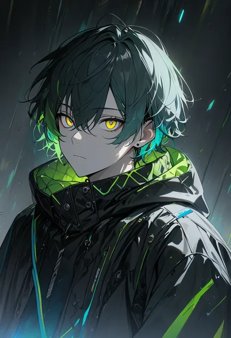 1 male, short hair, green mixed with cyan hair, MULTICOLORED Hair, yellow eyes, (best quality,4k,highres,masterpiece:1.2), black coat, dark atmosphere, teenager, expressionless, emotionless. 