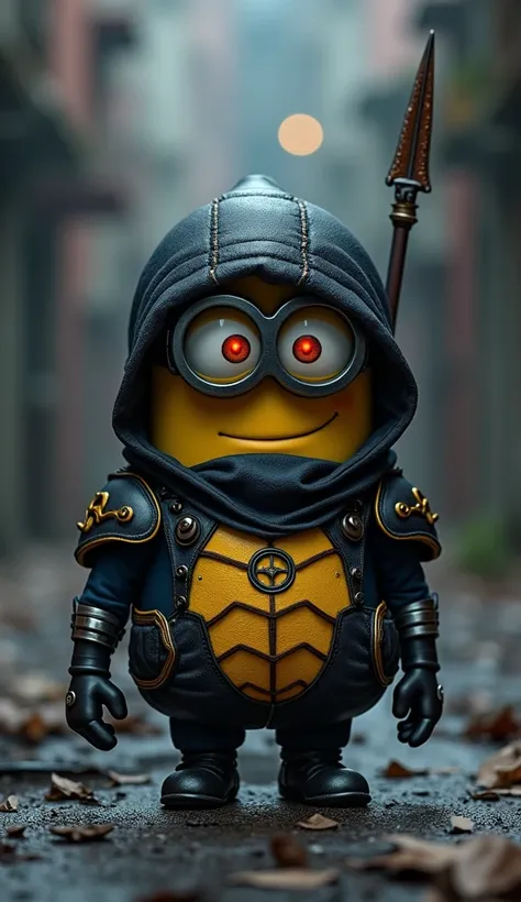 A medium shot of a Minion dressed in a detailed Scorpion outfit that has a unique design. The outfit includes a prominent black and yellow design on his chest with realistic textured fabric, as well as his signature black hood, metallic accents on the armo...