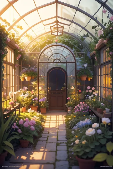 Magic garden miniature scene, Delicate flowers and softly lit branches,, Illuminated by happy smiling miniatures. 8K Autorealist,Secret Garden、inside the greenhouse、Light of the sunSparkle, Glowing Light, 3D Rendering, Hyperdetailed, Pixel Art, Soft Lighti...