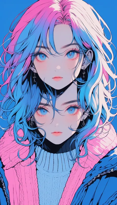 Illustrator, anime , Realistic ,sketch , One girl, ,lip, sweater,order, Blue gradient background, Neon Hair,textured crop, Canadian, (masterpiece,Highest quality)