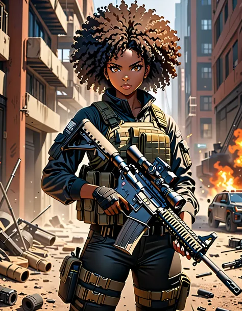 Masterpiece, Best Quality, High Resolution, highly detailed, professional, 8k, 1girl, an Afro-American female mercenary with an AR-15 rifle.