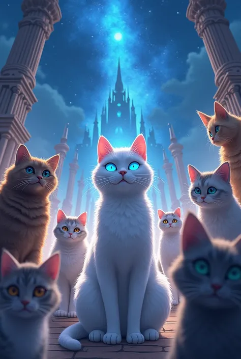 Different cats against the background of the empire, many angles, in the middle is a white cat with blue glowing eyes, fantasy, anime, 4K,  логотим CATS CALONY, Night