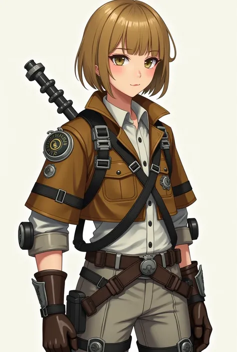 Design a young soldier character in a fantasy military world. Male character wears a short brown jacket with an emblem on the right chest and left arm, symbolizing their affiliation with an elite corps. Beneath the jacket is a crisp, collared white shirt. ...