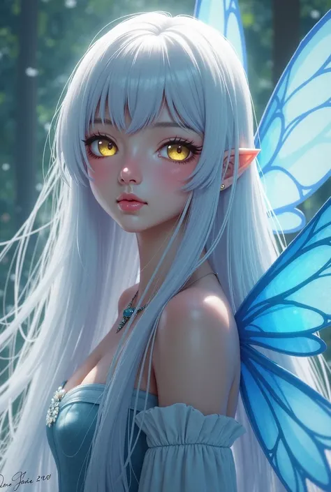 The daughter of elain and ban from 7ds with white long hair , yellow eyes, medieval revealing dres and blue fairy wings using seven deadly sins anime style