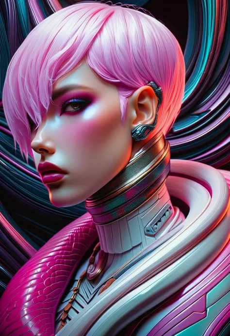 Cyberpunk l close up pink haired female with a white anaconda around her neck, portrait, clear sharp focus, featuring a dark and eerie atmosphere hyper realistic, 8K professional photography art, photorealistic masterpiece: by aaron horkey and jeremy mann:...