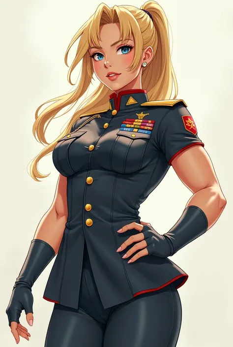 
anime strong blonde athletic woman in military uniform. very strong muscles