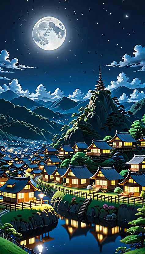  and looks at the beautiful night scenery of a small village surrounded by 、Totoro sits on a large fantastic full moon floating above the mountains below 々に囲われた小さな村の美しい夜の風景を眺めるトトロ