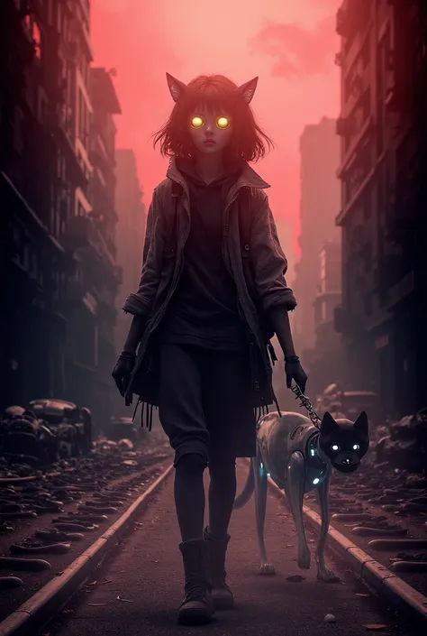  girl in a shuttle or a street in the future with an apocalypse. Along with a robot cat 