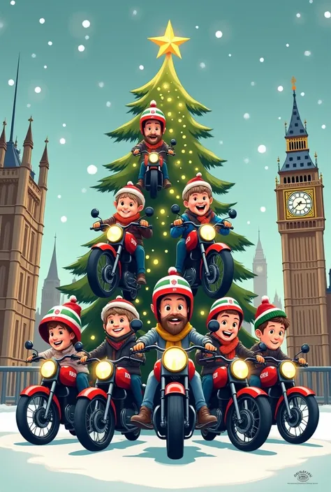 Cartoon style image of Group of Royal Enfield bikes and riders forming Christmas tree in Christmas theme in London