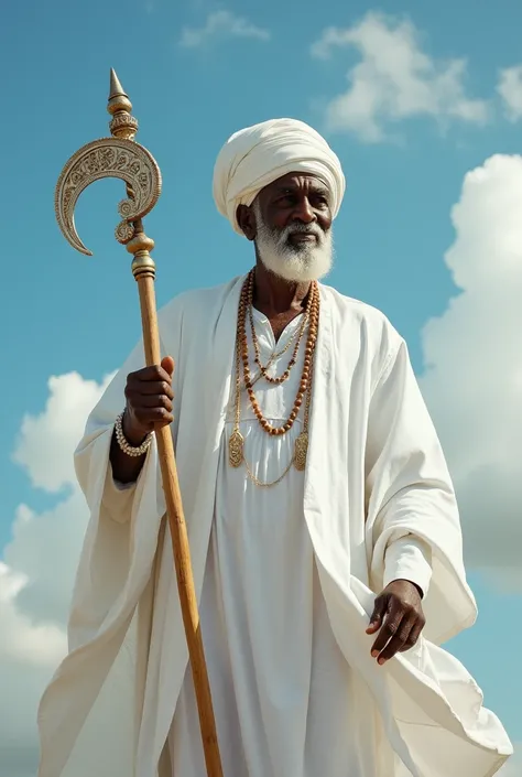 An elderly black man ,  with striking features that reflect wisdom and serenity . He wears a white turban ,  and a long traditional Yorubá white garment that flows elegantly around him .  It holds an ornate stick , with an adornment on my tip that shines s...