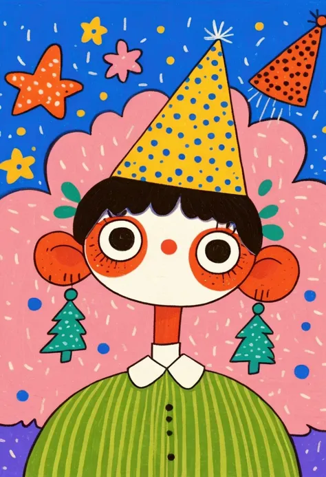  A painting，Pastel Art， Hand drawn cartoon style,   2 d gouache illustration  ,  Colorful illustration , Cute cartoon ,   cute illustration ：White Cloud ， Cute boy，Round eyes，Red Nose，Broccoli Hair ，triangular cone cap，Birthday hat