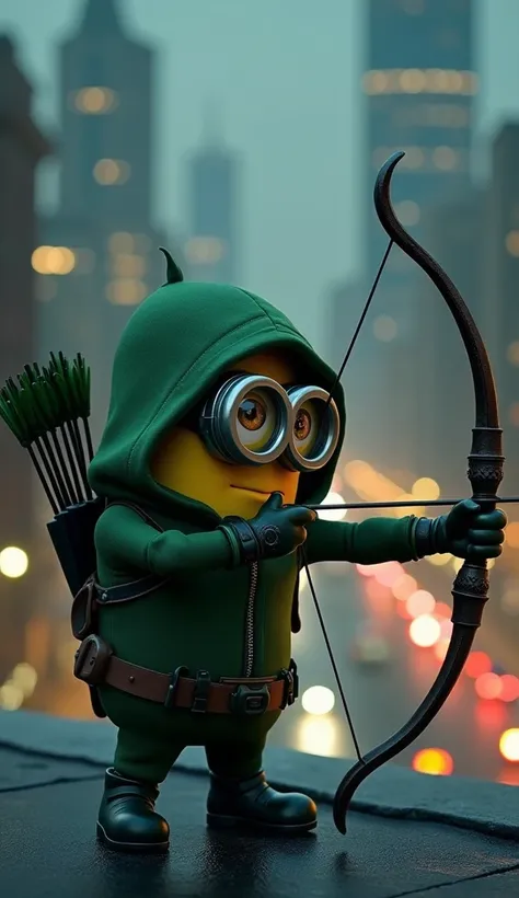 A medium shot of a Minion dressed in a highly detailed Green Arrow suit, positioned on a realistically rendered, rooftop overlooking a city at night. The suit should feature his classic green color scheme, a textured fabric, the unique design of his hood, ...