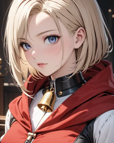 Red Cloak and Bells,  cute, ( Android １８Number), masterpiece:1.5, masterpiece, highest quality, UHD, retina, masterpiece, accurate anatomy, super detailed, high quality, best quality, 8k