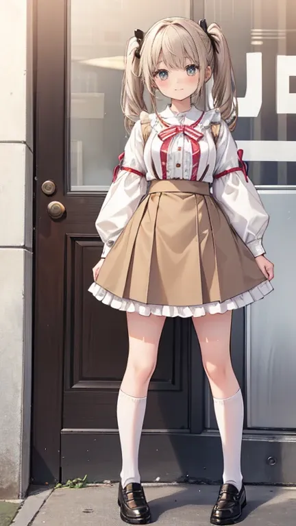  standing picture 　woman　Clothes with frills 　 Neat everyday clothes, not uniforms 　 mostly beige and brown 　 with ribbons attached to clothes 　whole body　Thick soled, shiny shoes 　Short skirt　 knee-high socks 　smile　 with little pubic hair　Cheerful image ...