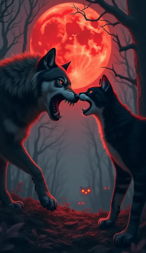 A fierce and dramatic scene of a wolf and a cat in an intense standoff, both in aggressive and angry modes. The wolf, with its sharp fangs bared and fur bristling, growls menacingly, while the cat, with its arched back, fluffed tail, and claws unsheathed, ...