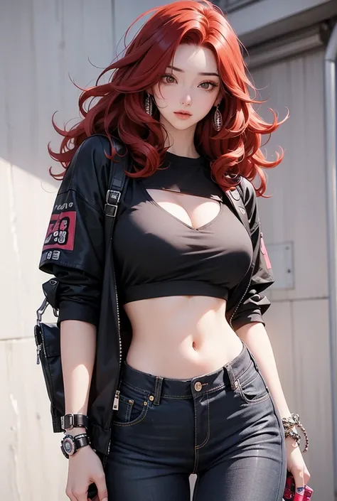  cyberpunk　red hair perm women 　Nose Piercing　 sexy　黄色 cyberpunkスタイリッシュジャケット　Belly button piercing　 black skinny pants 　 Cyborg Arm　Overlooking, 　walk