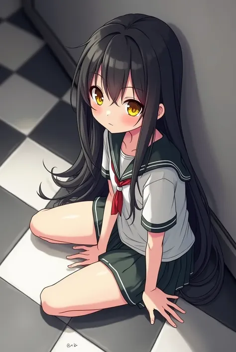 anime girl with long black hair and yellow eyes sitting on a black and white floor, an anime drawing by Jin Homura, pixiv, shin hanga, hanayamata, sui ishida with black hair, anime visual of a cute girl, anime moe artstyle, iwakura lain, marin kitagawa fan...