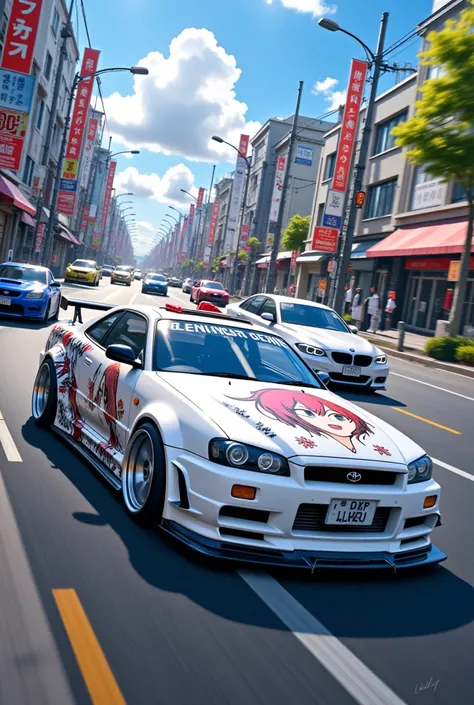 modified r34gtr,white、Japanese Signs、Around town、 Japanese license plates、（((Anime girl painting on body)))、（Can be chased by police cars）、Speed、