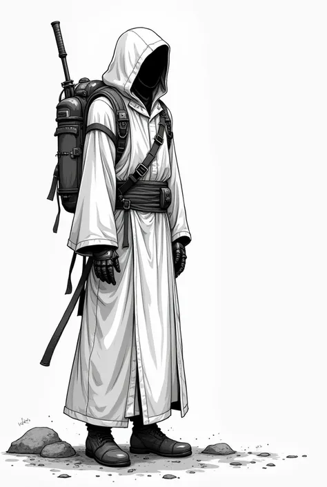  Cyborg in a white robe , , the face is almost completely covered by a hood , tall ,  behind a large backpack under the robe. manga style ,  black and white, like a manga character ,  panel Like in comics and manga 