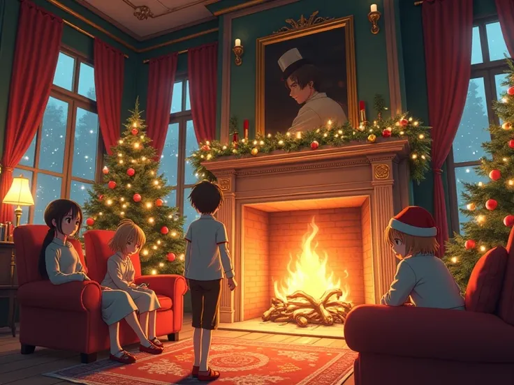 (anime) A large room , decorated for Christmas and with a large burning fireplace
