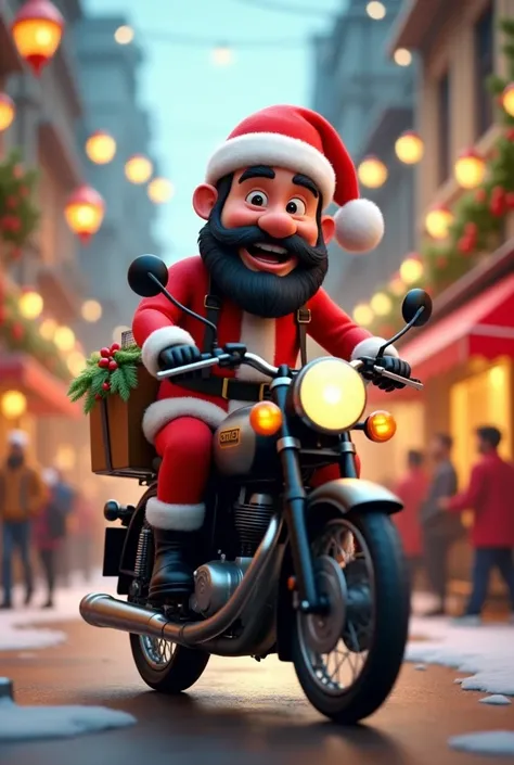 Create a cute 3D cartoon style image of a santa with black beard on Royal Enfield Black Classic 350 in Christmas theme in Pune