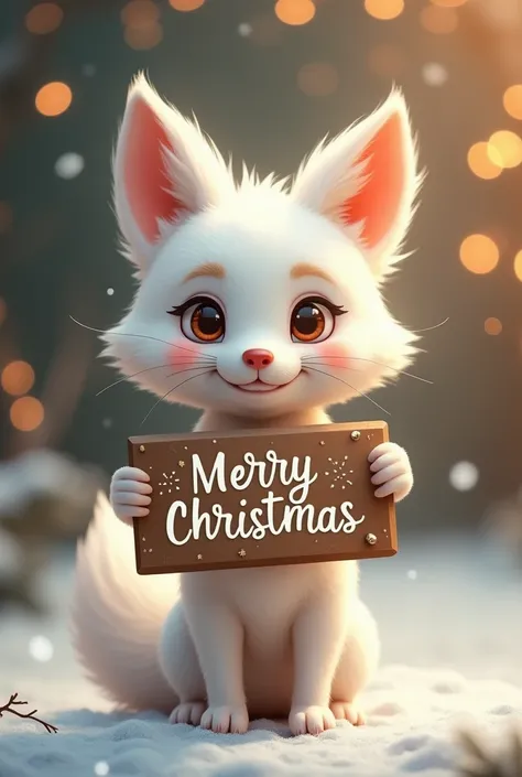 A little white fox holding a sign of " Merry Christmas " In a Christmas atmosphere .