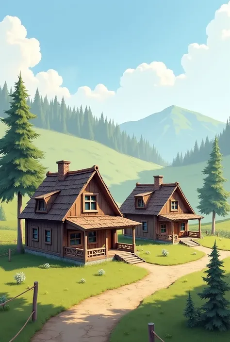 Realistic wodden houses in rural area picture with less tress 