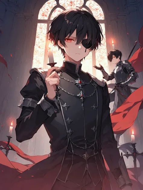 Illustration, top quality, pixiv illustration, very detailed animation, (alone) (male), left eye patch, black hair, short hair, red eyes, background inside large mansion with candle, black uniform, dramatic lighting, knight