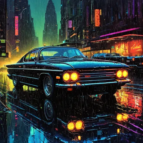 A black chrome futuristic  full option dark race but classic cyber car in the style of sam spratt, historical vintage car, old masters, genndy tartakovsky, soggy, masaccio, a 1990s poster style with rainy  details, colorful with vibrant colors, (low-light,...