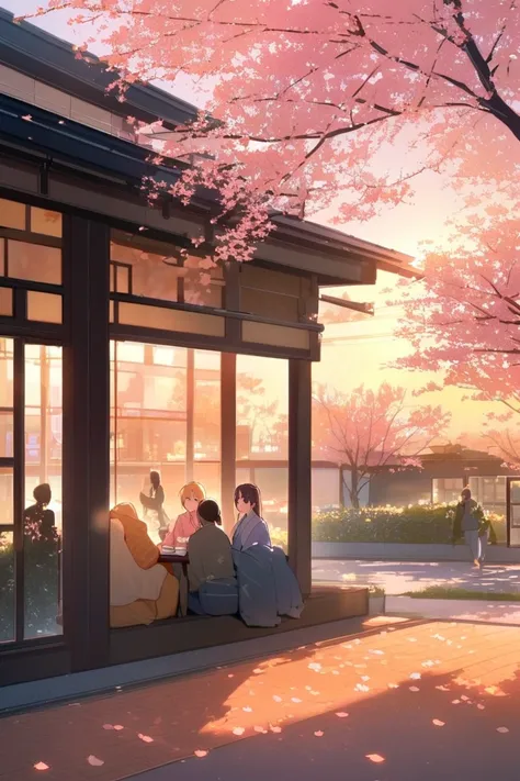 /imagine prompt: a serene sunset scene in a modern Japanese community. The sky is painted with warm oranges and pinks as the sun sets behind contemporary houses. Silhouettes of cherry blossom trees sway gently in the breeze, with petals drifting through th...