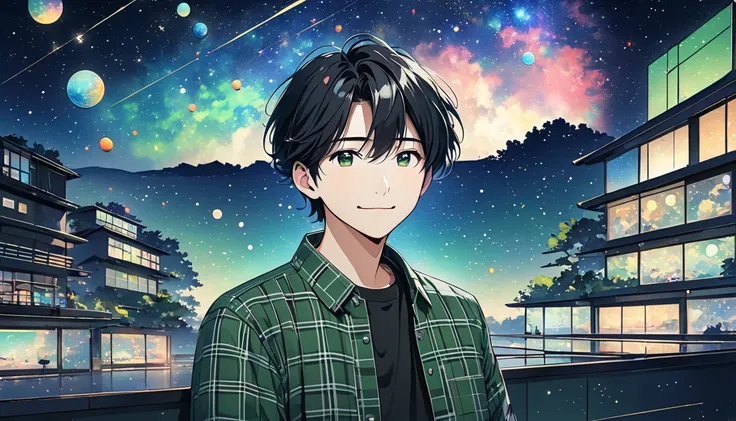 tech-savvy 、 has a humorous 、 has a simple expression with a faint smile 。 the character has short, straight black hair 、 design 。 he wears a green plaid shirt 、 sits behind a grey laptop 。 black bar hiding his eyes 、 adds a touch of playfulness and anonym...