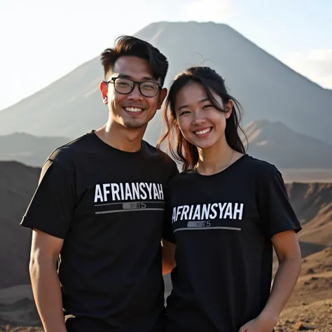  Make a photo of a couple of a handsome man and a beautiful woman from Korea, clean and bright face ,  Both wearing black t-shirts ,jaket Levis lengan panjang,rambut wanita panjang terurai,on the mans shirt is written  "AFRIANSYAH" Large and legible writin...