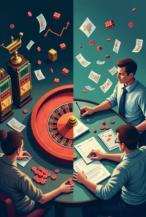 "Illustrate a stark comparison: on one side, a chaotic casino scene with dice, roulette wheels, and slot machines, symbolizing random betting; on the other, a calm and orderly setting with a person studying charts, graphs, and investment reports. Use contr...