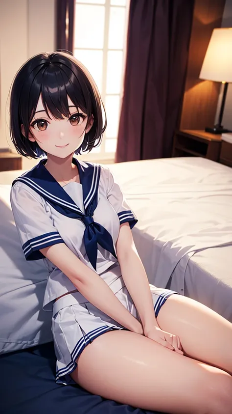  1 Woman ,  High Definition  , high res, super real ,8k、  short hair,   brown eyes , white sailor suit,Short sleeve、 Dynamic Angle  , smile,  navy blue miniskirt showing the front of the body,Black Hair、 hotel 、 bed、 suite