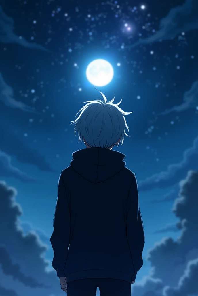 anime man character looking at the sky in night, wear a black hoodie, white hare.  his face should not be seen. Only his back can be seen.. 