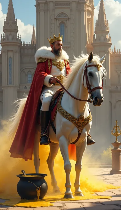 A 35-year-old king, riding a white horse, in front of a palace whose horse kicked a cauldron on firewood and spilled yellow porridge from the cauldron.