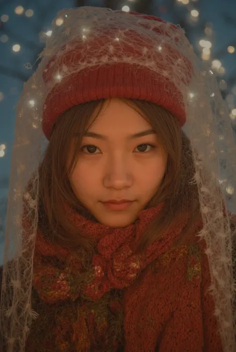 A young Asian women, red Christmas hat, scarf, sweater, night, lights.
best quality, masterpiece, intricate details, ultra-detailed