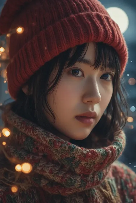 A young Asian women, red Christmas hat, scarf, sweater, night, lights.
best quality, masterpiece, intricate details, ultra-detailed