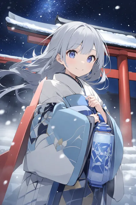 shrine、snow、torii、Long-sleeved kimono、 1 girl,  shortcuts,  blue eyes, Grey Hair,  smiles, night、 starry sky 、lantern、 crescent、Japanese-like