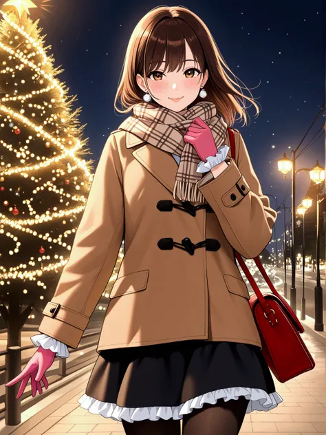 1girl, general, solo, looking at viewer, brown hair, medium hair, brown eyes, lips, smile, earrings, jewelry, beige scarf, plaid scarf, brown coat, black skirt, frilled skirt, black pantyhose, pink gloves, frilled gloves, shoulder bag, outdoors, christmas ...