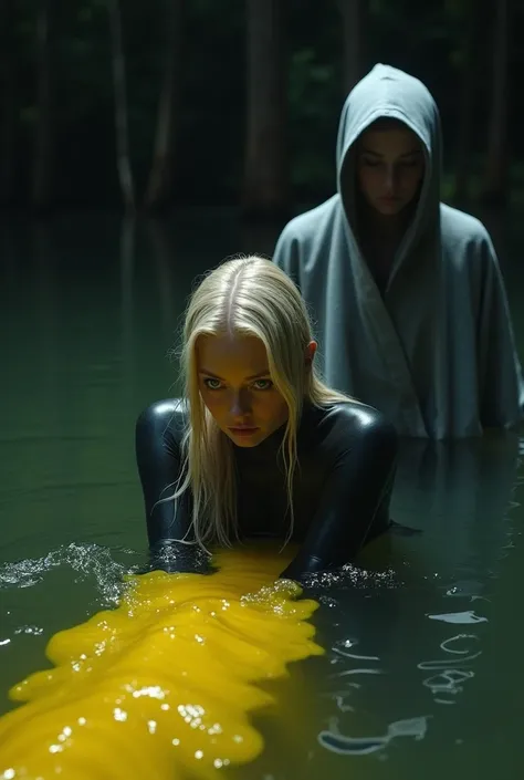 A Dutch girl in a gray hood watches from behind as a pretty blonde Swedish girl in smooth black latex swims yellow pee in the water while frightened. 