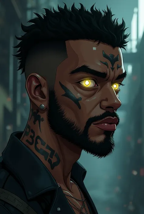  black hair, ojos amarillos, Arabian skin ,  young man,  cyberpunk factory , businessman, ganster, thick moustache , African, Anime style, ritual marks on the skin,  deep look , portrait, Cyberpunk , Psychopathic expression