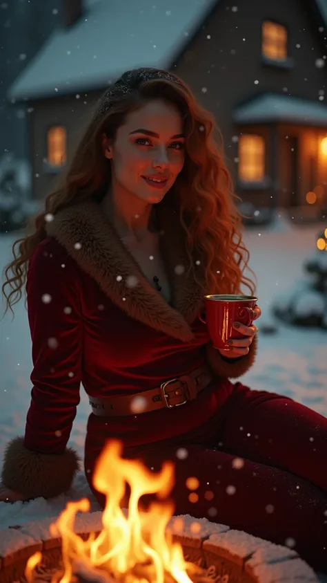 , In a charming, snow-dusted village, a radiant sexy light skin black woman crackling bonfire, lying on the ground, sexy christmas babe, busty, wide hips and narrow waist, spreading festive cheer. Her long auburn hair cascades over her shoulders, glistenin...