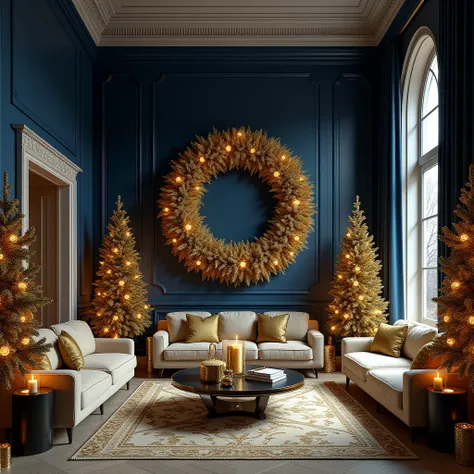 A living room well decorated for Christmas in gold details and a dark blue panel at the back of the room with a golden circle in the middle of it being the focus of the image