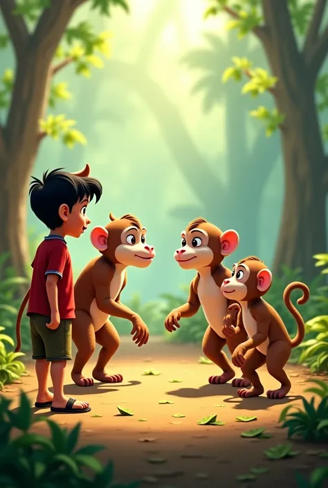 The small boy Bablu and his cow shouting Stop right there! at the monkeys, with the mischievous monkeys pausing, looking surprised."