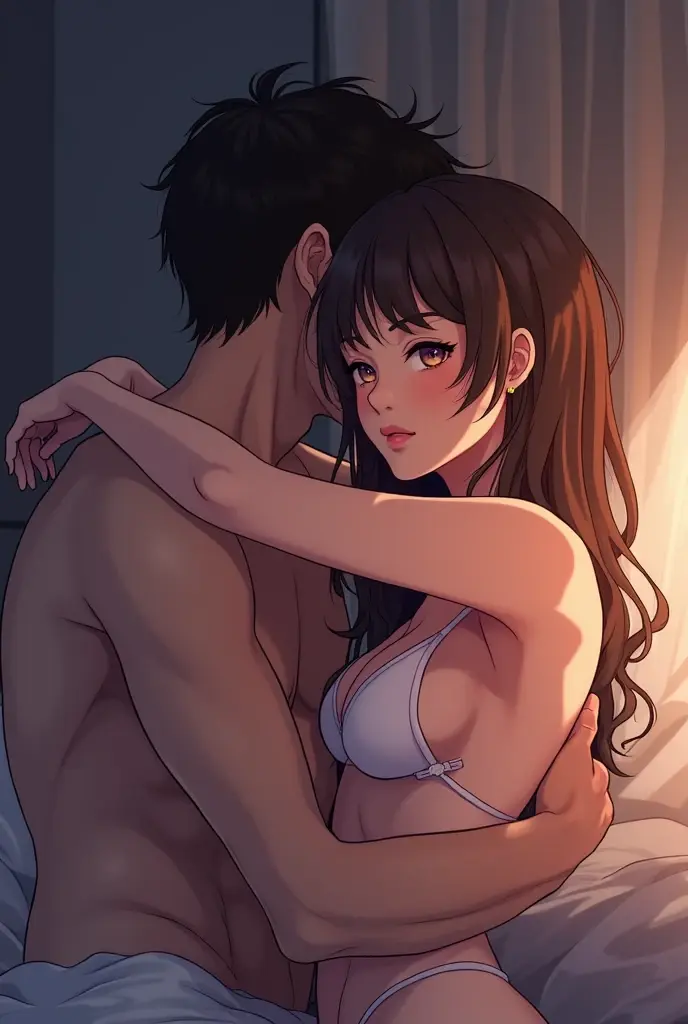 Anime girl with her boyfriend in bed without clothes doing sex